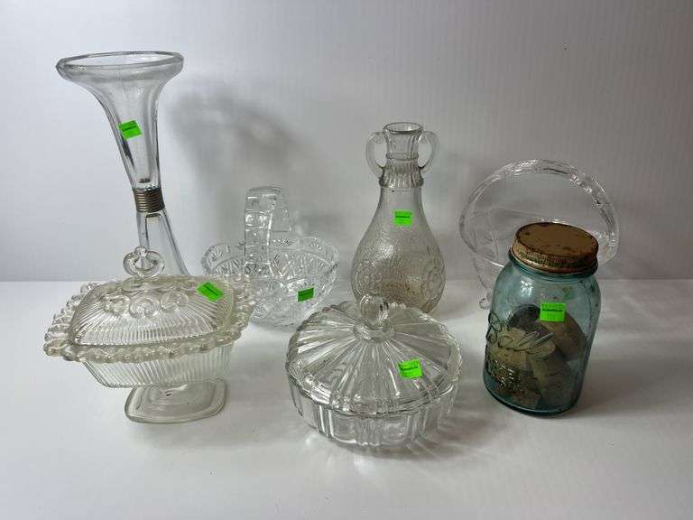 Assortment of Clear Glass Baskets, Dishes and Vases