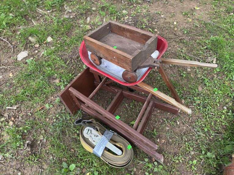 Mini Wheelbarrow, Wooden Cart, Step Stool and Ratchet Strap