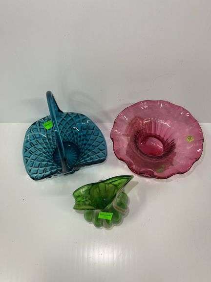 Blue Glass Basket and (2) Glass Vases