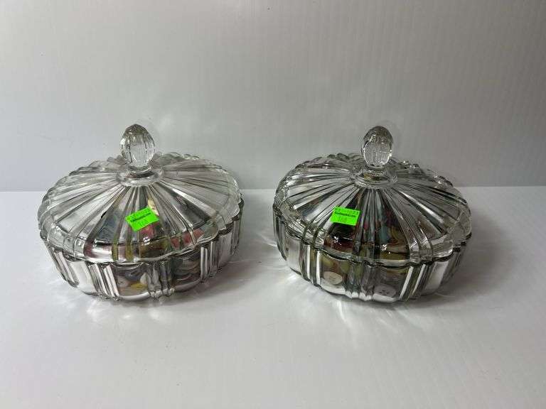 (2) Clear Glass Candy Dishes w/ Buttons