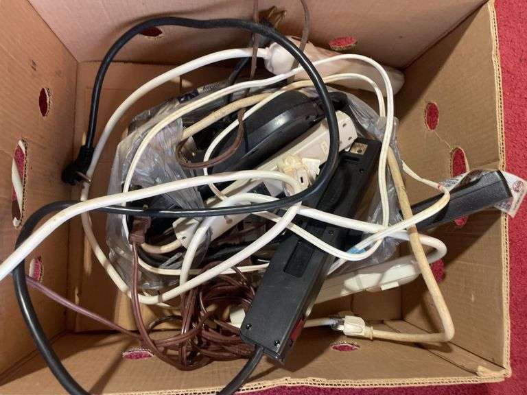 Box of mostly power cords and misc. weights