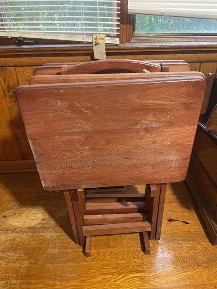 Coffee table/stand, TV tray set- moldy & hanging display cabinet