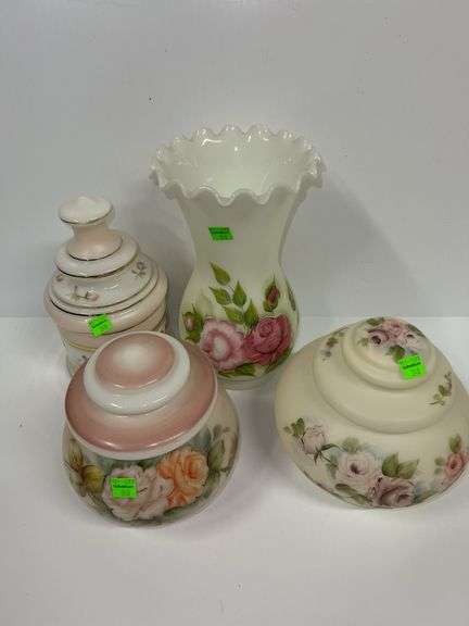 (3) Decorative Floral Dishes w/ Lids and Vase