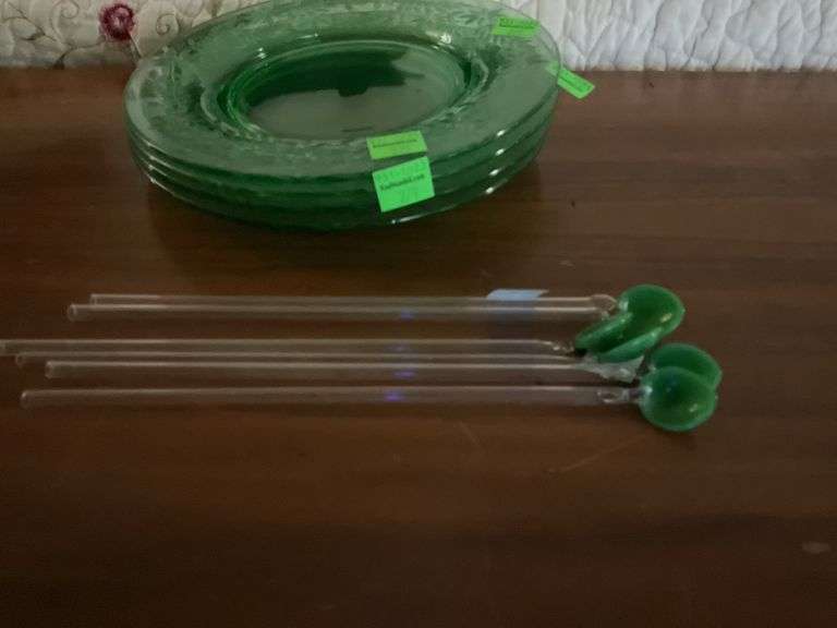 Vintage Uranium Glass Saucer Plates and Stir Spoons