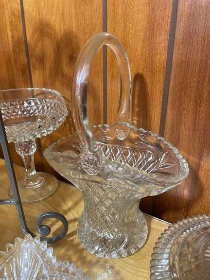Large lot of clear glassware including lunch bowl, trays, basket and more