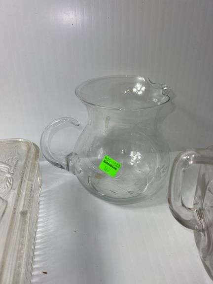 (2) Clear Glass Pitchers and (1) Clear Glass Dish w/ Lid