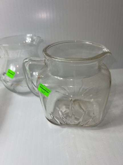 (2) Clear Glass Pitchers and (1) Clear Glass Dish w/ Lid