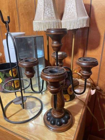 Large lot of decor including candleholder, (2) matching lamps, jug, small display case & more