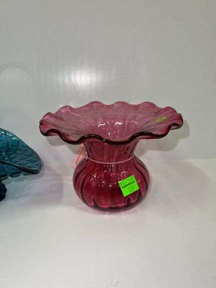 Blue Glass Basket and (2) Glass Vases