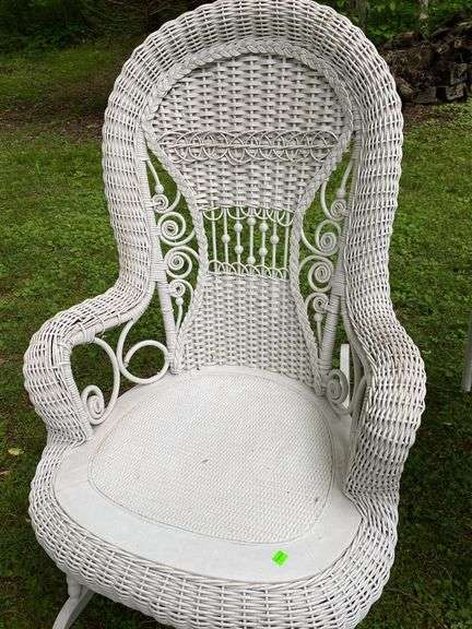 White Wicker Rocking Chair and Flower Basket