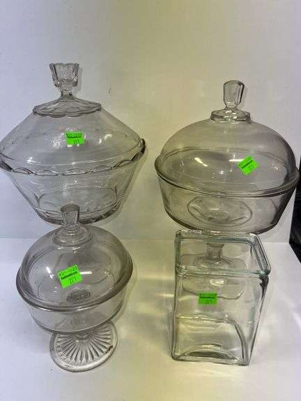 (3) Clear Glass Pedestal Candy Dishes and Clear Glass Canister