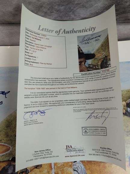 Ted Williams signed baseball Fenway Park litho, full letter JSA