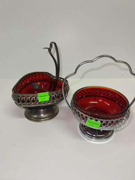 (2) Ruby Red Glass Dishes and Salt Spoon