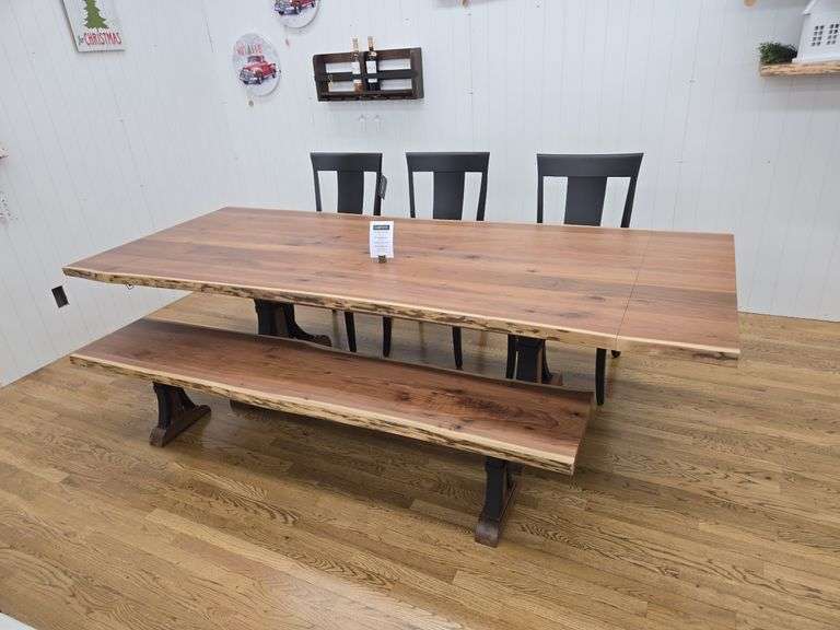 Live edge dining table w/ (2) company boards, bench & (3) Jamestown chairs