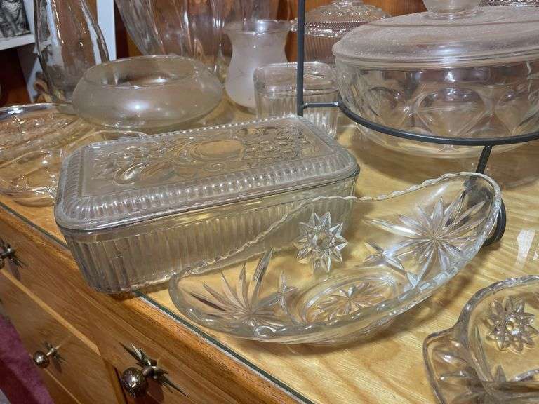 Large lot of clear glassware including lunch bowl, trays, basket and more