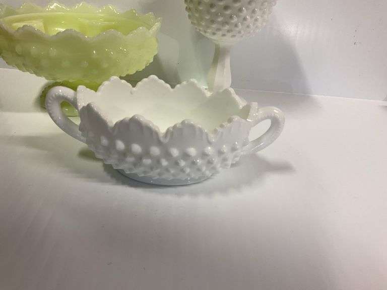 Fenton Hobnail Candle Holder, Fenton Mil Glass Pedestal Dish, Fenton Hobnail Sugar Bowl