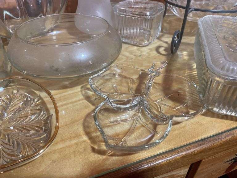 Large lot of clear glassware including lunch bowl, trays, basket and more