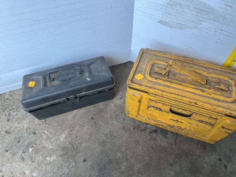 Yellow Metal Ammo Crate and Black Plastic Sears Box w/ Hand Tools