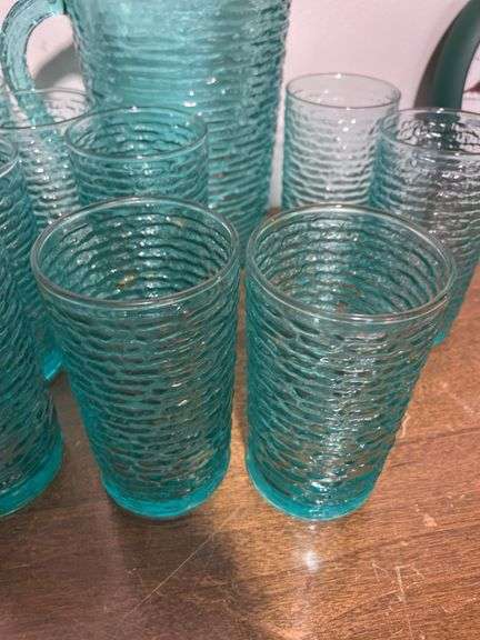 Vintage Anchor Hocking Soreno Aquamarine Blue Pressed Bark Pitcher and (12) Juice Glasses MCM