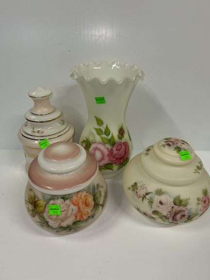 (3) Decorative Floral Dishes w/ Lids and Vase