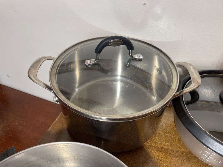 Vision Corning glass pan and pots, stainless steel pots, and other kitchenware