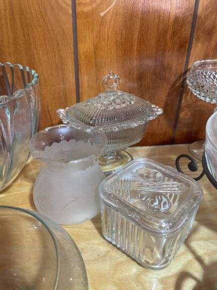 Large lot of clear glassware including lunch bowl, trays, basket and more