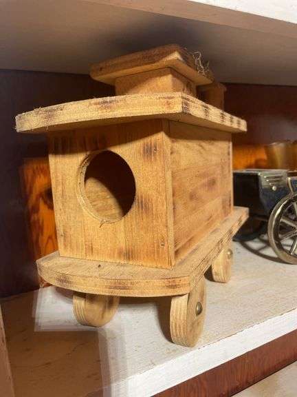 Whiskey bottle set & wooden train/birdhouse