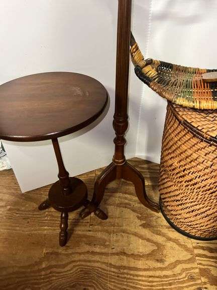 Decorative Wicker Basket, Laundry Hamper, and (2) Wooden Side Tables
