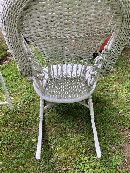 White Wicker Rocking Chair and Flower Basket