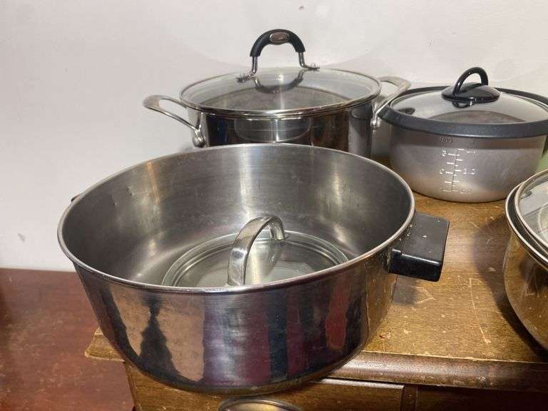Vision Corning glass pan and pots, stainless steel pots, and other kitchenware