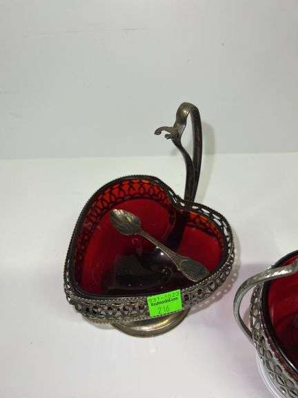 (2) Ruby Red Glass Dishes and Salt Spoon