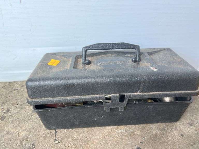 Yellow Metal Ammo Crate and Black Plastic Sears Box w/ Hand Tools