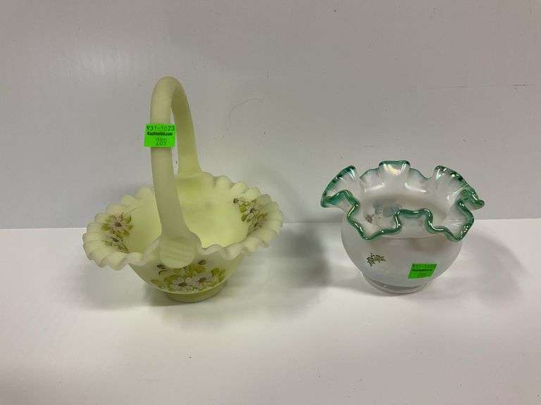 Fenton Satin Custard Basket, Fenton Art Glass Vase