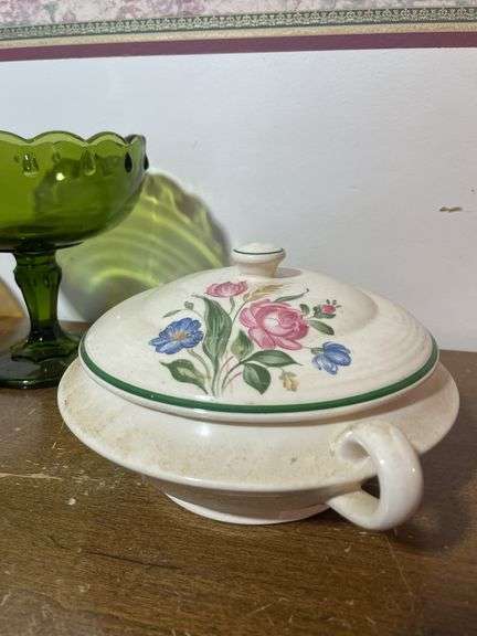 Green depression dish, tiara glass basket, compote and other dish