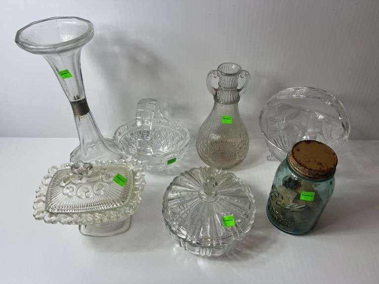 Assortment of Clear Glass Baskets, Dishes and Vases