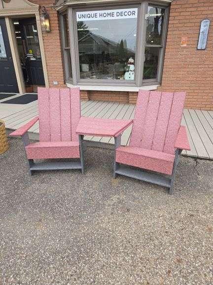 (2) Gray & maroon poly chairs w/ connecting table