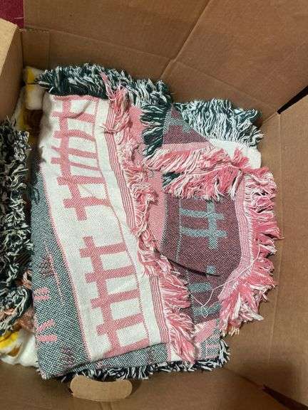 Box of materials, bedding, blankets, afghans and more