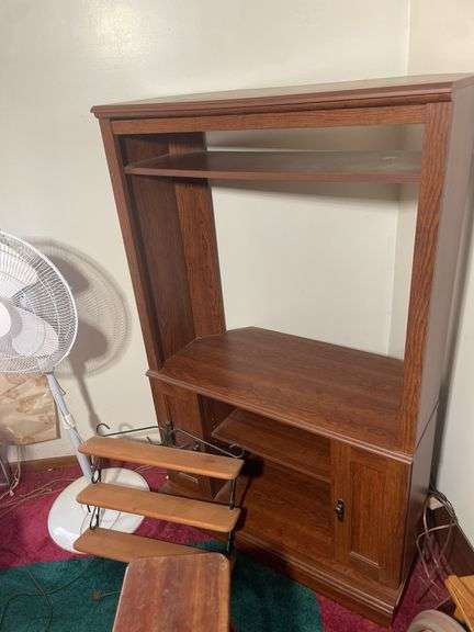 Entertainment center, wooden bench, Hawaiian breeze fan and wall hanging shelf