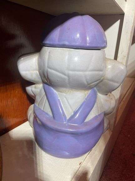 (5) cookie jars including duck, chicken, elephant, kettle & Avon jar- cracked