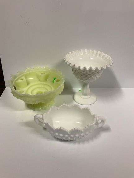 Fenton Hobnail Candle Holder, Fenton Mil Glass Pedestal Dish, Fenton Hobnail Sugar Bowl