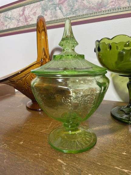 Green depression dish, tiara glass basket, compote and other dish