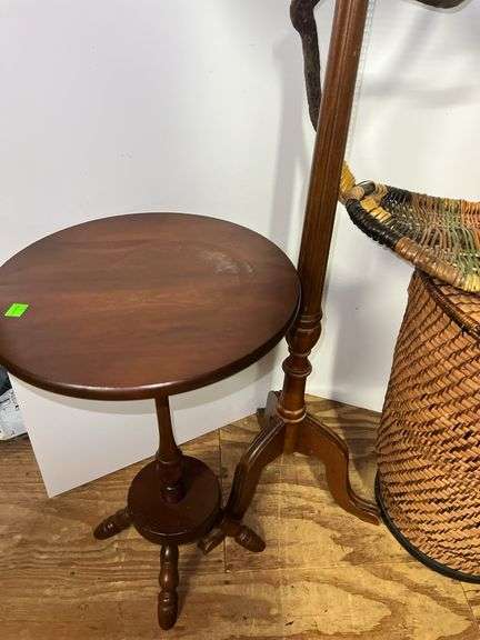 Decorative Wicker Basket, Laundry Hamper, and (2) Wooden Side Tables