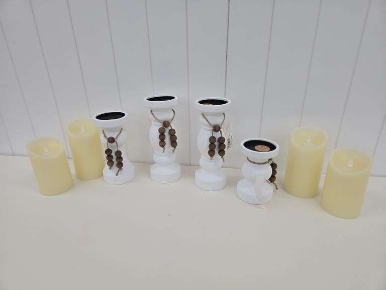 (4) wooden candle holders w/ battery candles