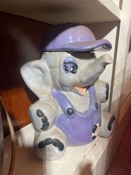 (5) cookie jars including duck, chicken, elephant, kettle & Avon jar- cracked