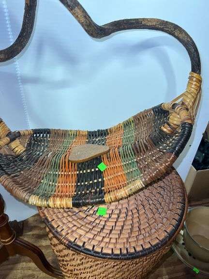 Decorative Wicker Basket, Laundry Hamper, and (2) Wooden Side Tables