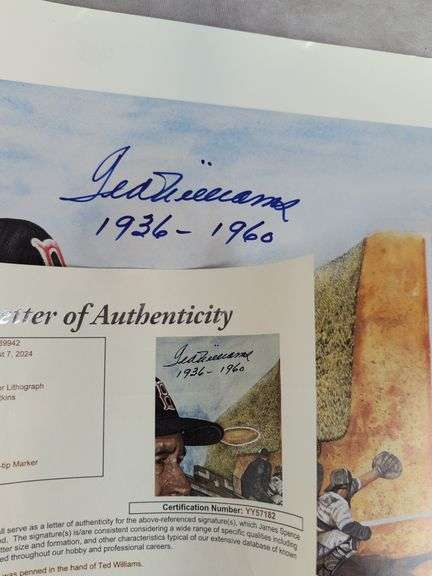 Ted Williams signed baseball Fenway Park litho, full letter JSA