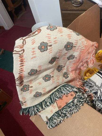 Box of materials, bedding, blankets, afghans and more