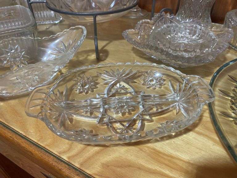 Large lot of clear glassware including lunch bowl, trays, basket and more