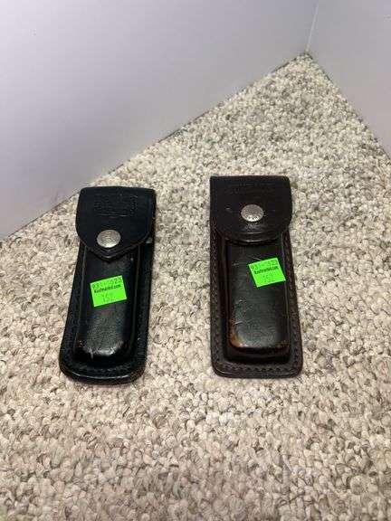 (2) Folding Knives w/ Leather Pouches