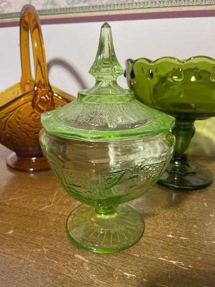 Green depression dish, tiara glass basket, compote and other dish